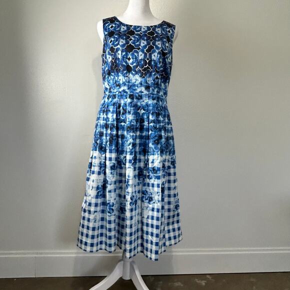Talbots Floral Dress 2 Womens Blue Flowers Gingham Sleeveless Dress Checkered - Picture 1 of 15